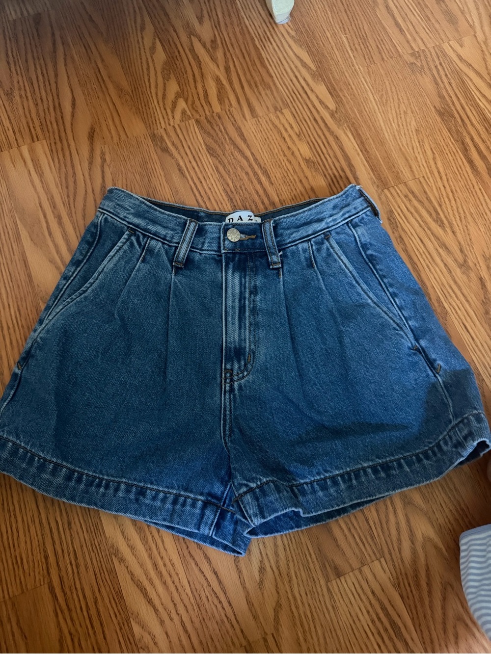 Pleated High-Rise Dark Blue Denim Shorts